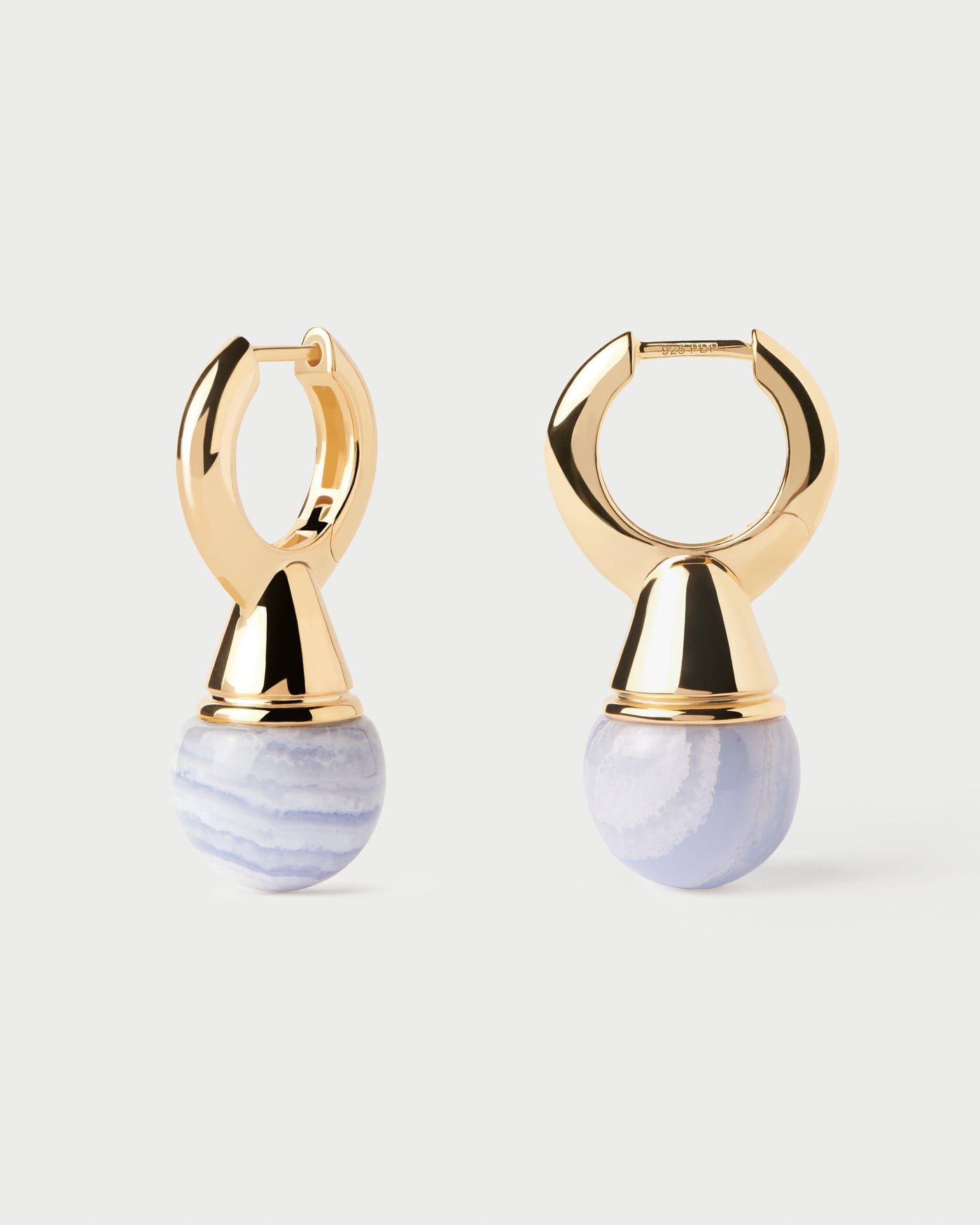 Gold plated statement hoop earrings with a blue gemstone sphere pen. Blue lace agate Riviera hoops PDPAOLA