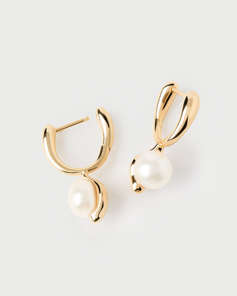 Modern hoop earrings with a freshwater cultured pearl pendant