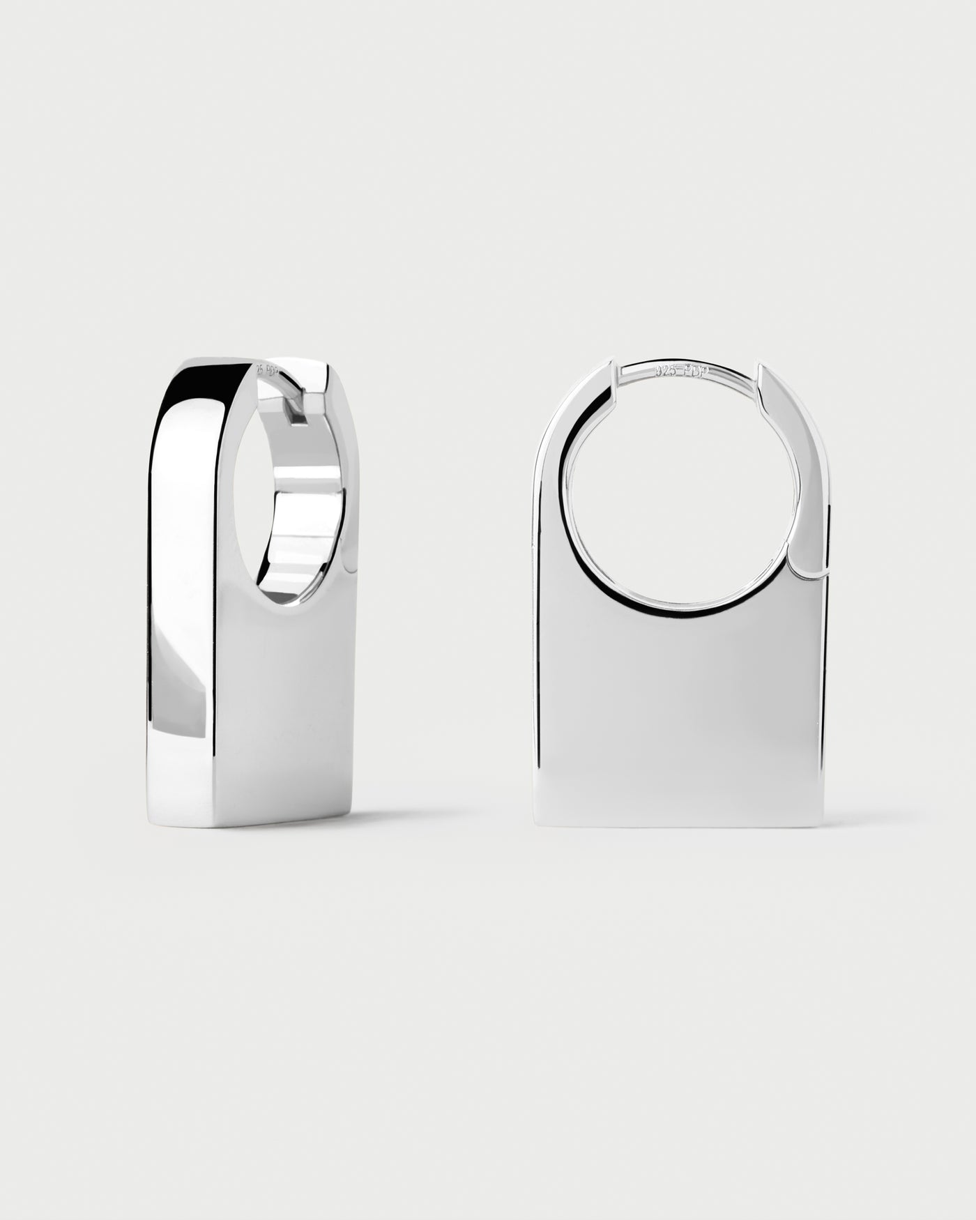 Distinctive silver geometric hoop earrings with an elongated square shape