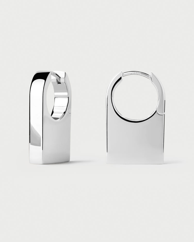Distinctive silver geometric hoop earrings with an elongated square shape