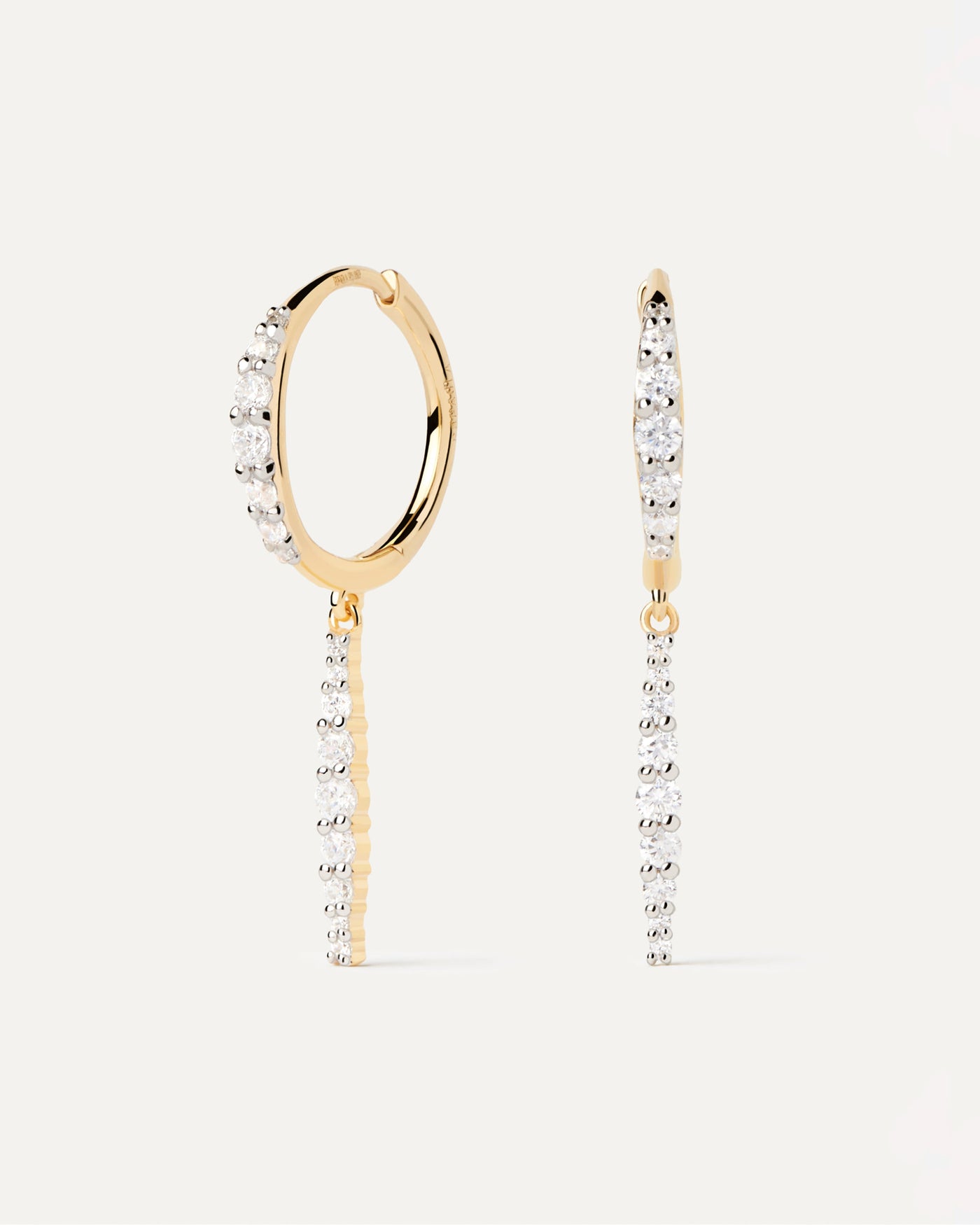 2023 Selection | Diamonds And Gold Kate Drop Hoops. Yellow gold diamond hoop earrings with dainty pendant, totaling 0.5 carats. Get the latest arrival from PDPAOLA. Place your order safely and get this Best Seller. Free Shipping.