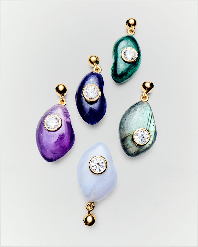 Green gemstone charm with asymmetric shape and zirconia for necklace or bracelet