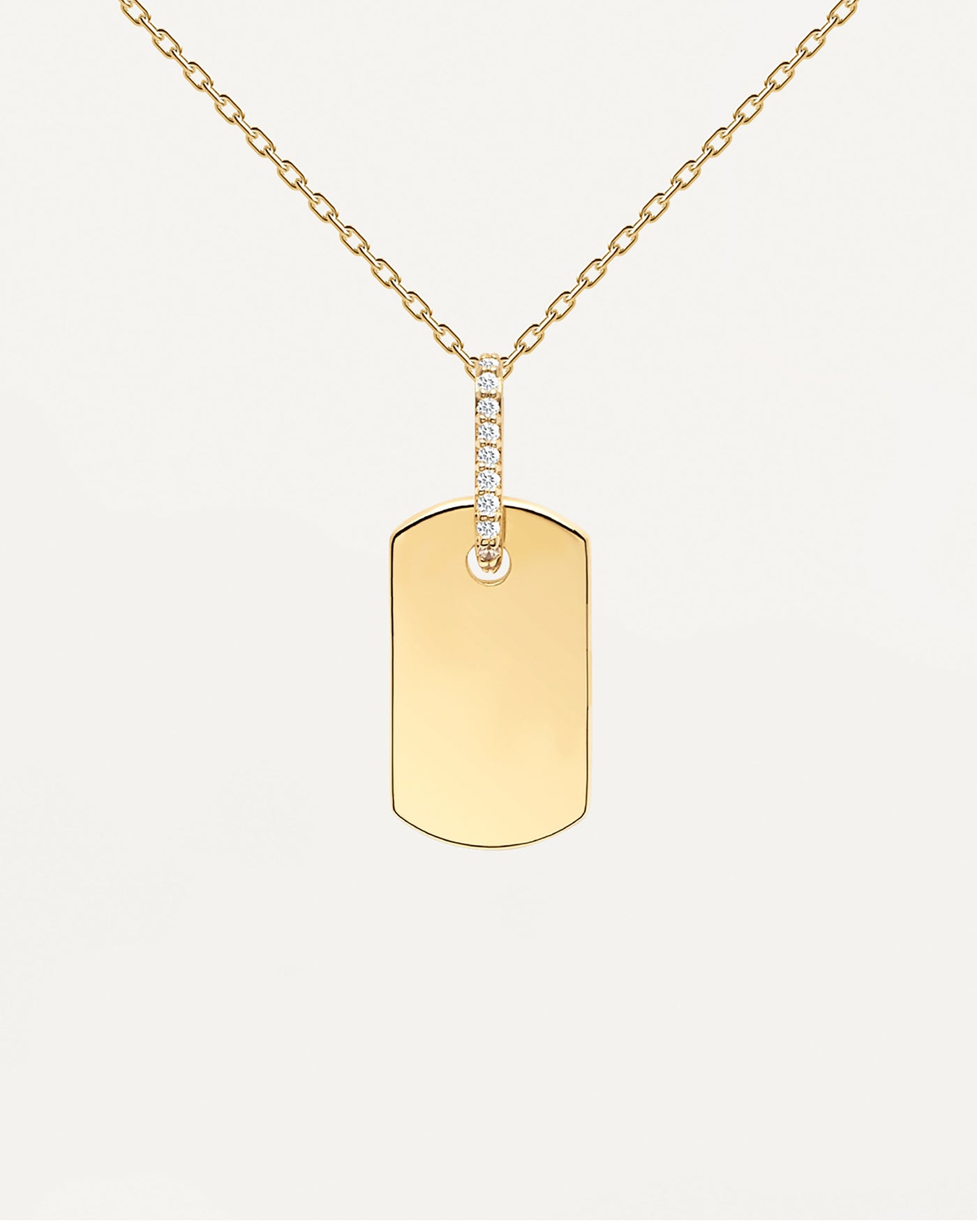 2023 Selection | Talisman Necklace. Personalized necklace in gold-plated silver with engravable plate hanging from white zirconia. Get the latest arrival from PDPAOLA. Place your order safely and get this Best Seller. Free Shipping.