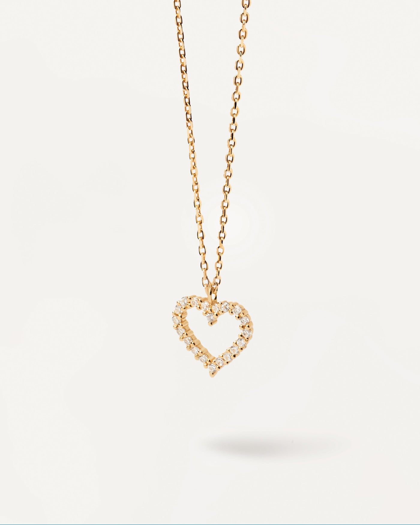 2023 Selection | White Heart Necklace. Heart pendant set with white zirconia stones on a 18k gold plated single link chain necklace. Get the latest arrival from PDPAOLA. Place your order safely and get this Best Seller. Free Shipping.
