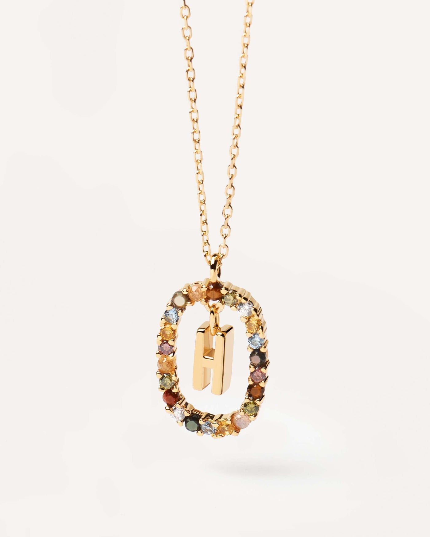 2023 Selection | Letter H necklace. Initial H necklace in gold-plated silver, circled by colorful gemstones. Get the latest arrival from PDPAOLA. Place your order safely and get this Best Seller. Free Shipping.