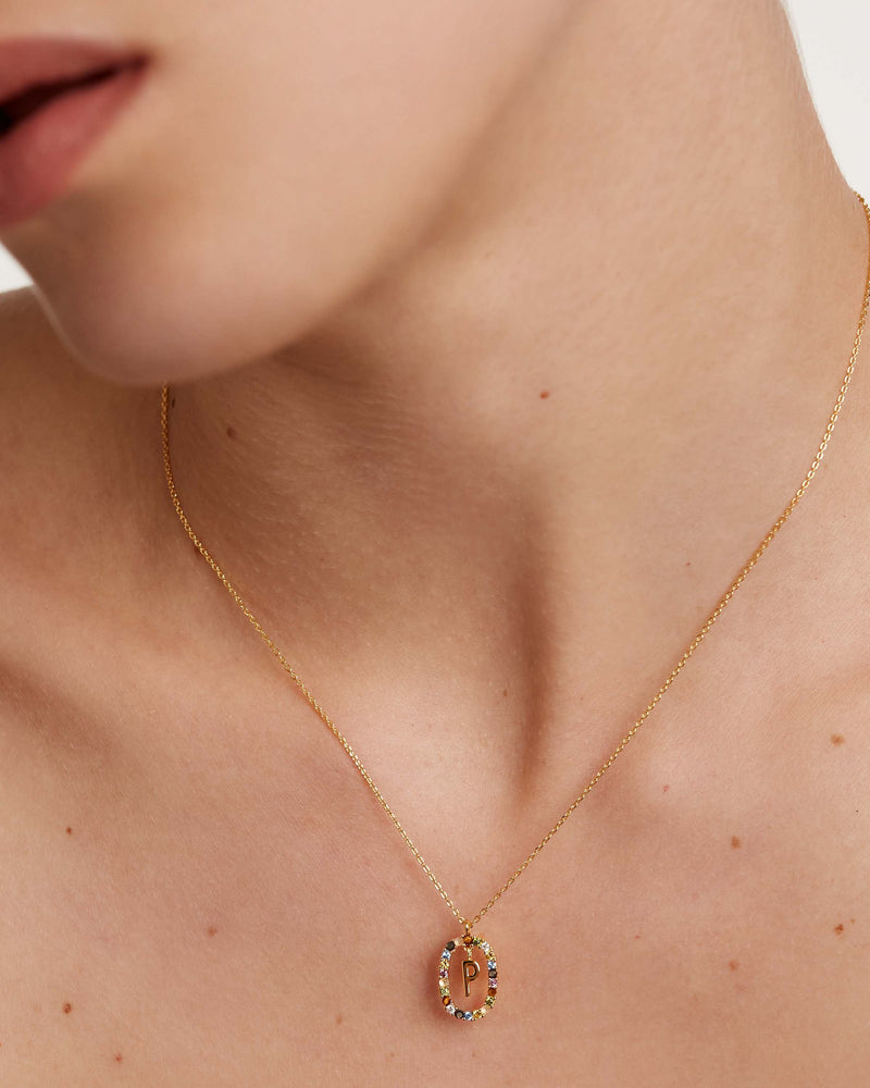 Initial P necklace in gold plated silver circled by colorful gemst. Letter P Necklace PDPAOLA