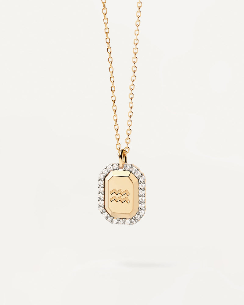 Aquarius astrology necklace engraved in octagonal pendant in gold-plated silver