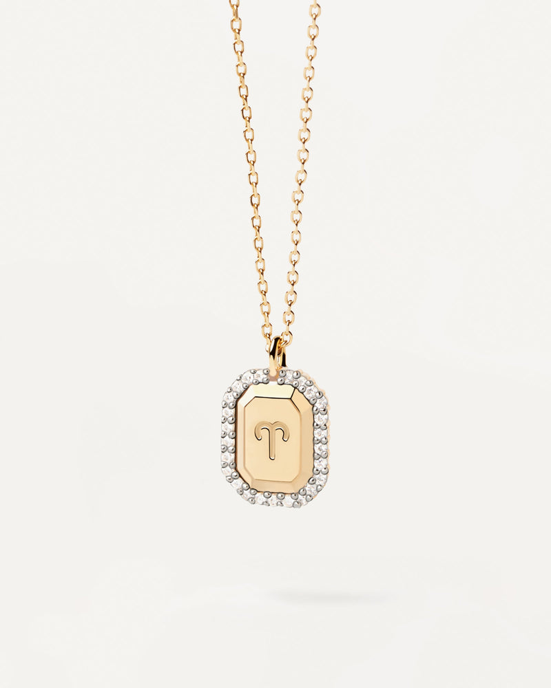 Aries zodiac sign in octagonal gold-plated silver pendant with zirconia