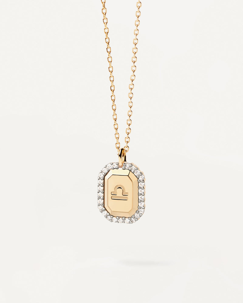 Necklace with octagonal pendant in gold-plated silver with Libra constellation sign