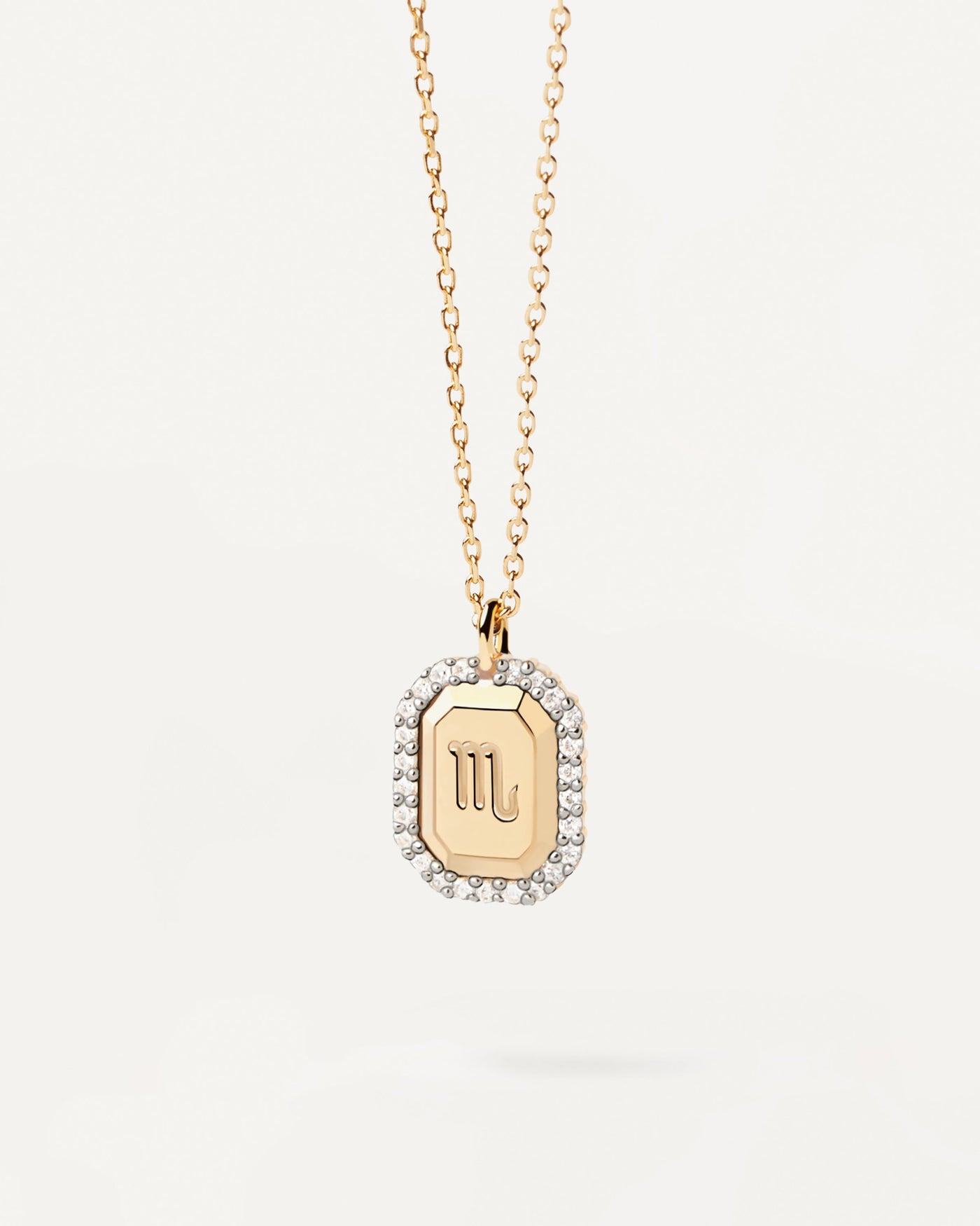 2023 Selection | Scorpio zodiac sign in octagonal gold-plated silver pendant with zirconia. Get the latest arrival from PDPAOLA. Place your order safely and get this Best Seller. Free Shipping.
