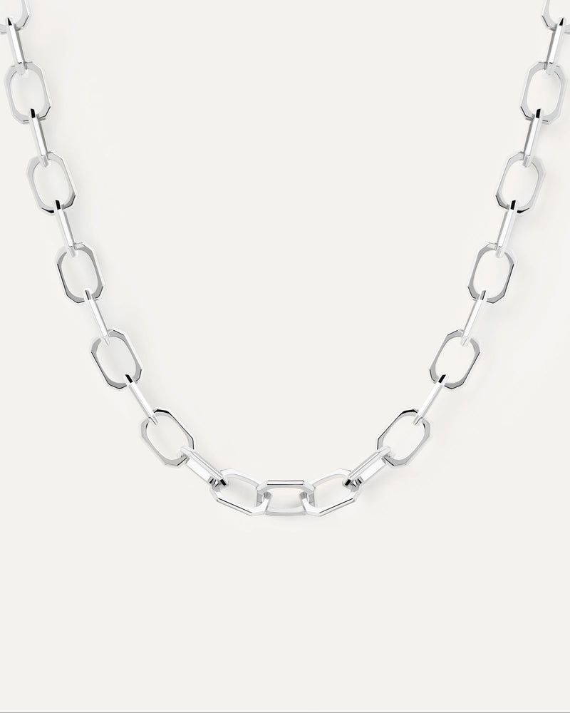 Cable chain necklace with octogonal links in silver rhodium plating Small Signature Chain Silver Necklace PDPAOLA