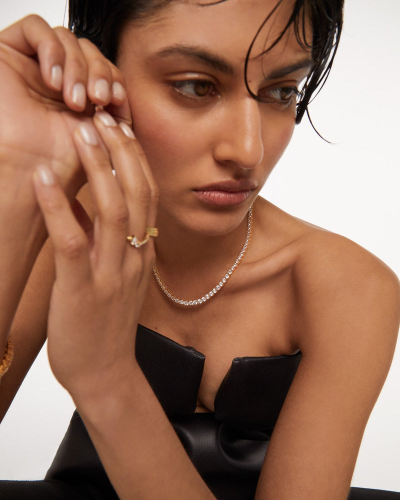 Gold-plated silver chain necklace with tennis link and white zirconia