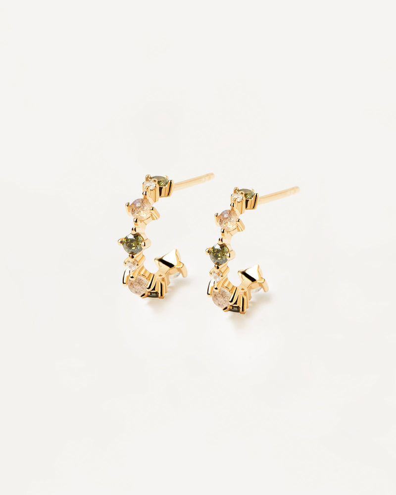 Colourful labradorite, green peridot and white zirconia set on 18k gold plated 925 silver c-hoop earrings