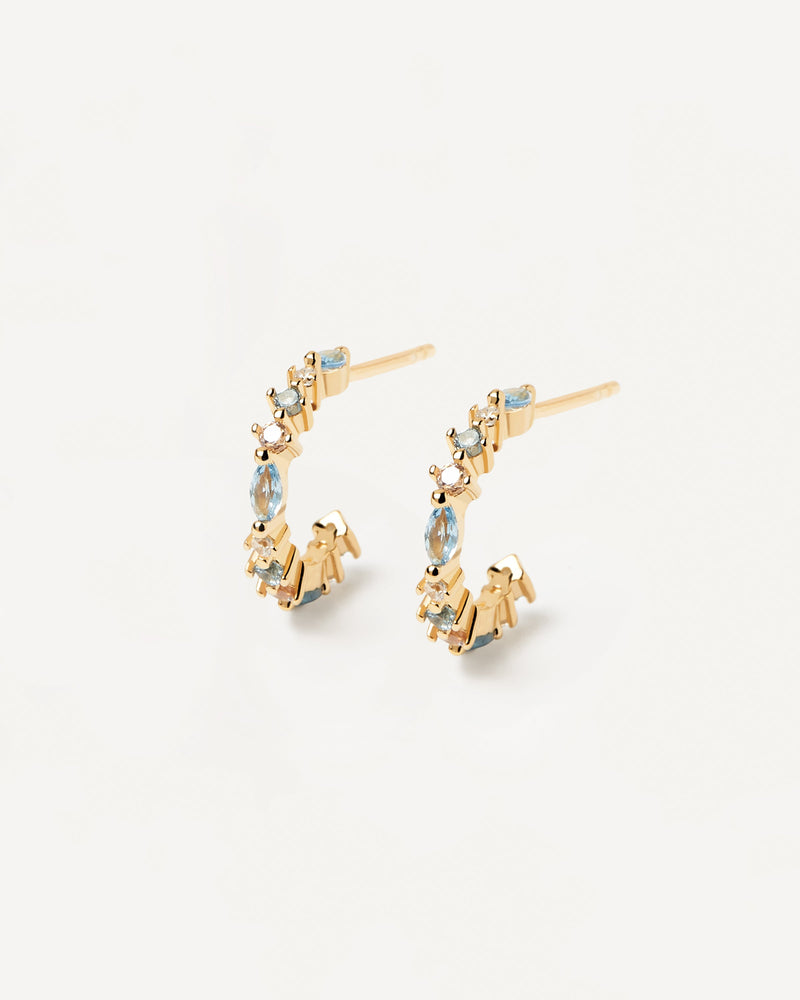 Dainty hoop earrings with blue zirconia