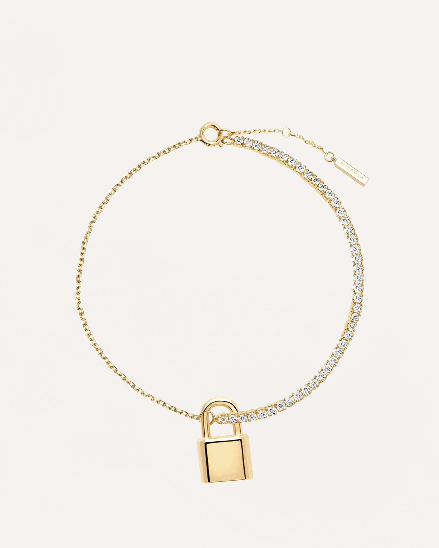 2023 Selection | Bond Bracelet. Gold-plated silver bracelet with white zirconia and personalized padlock pendant. Get the latest arrival from PDPAOLA. Place your order safely and get this Best Seller. Free Shipping.